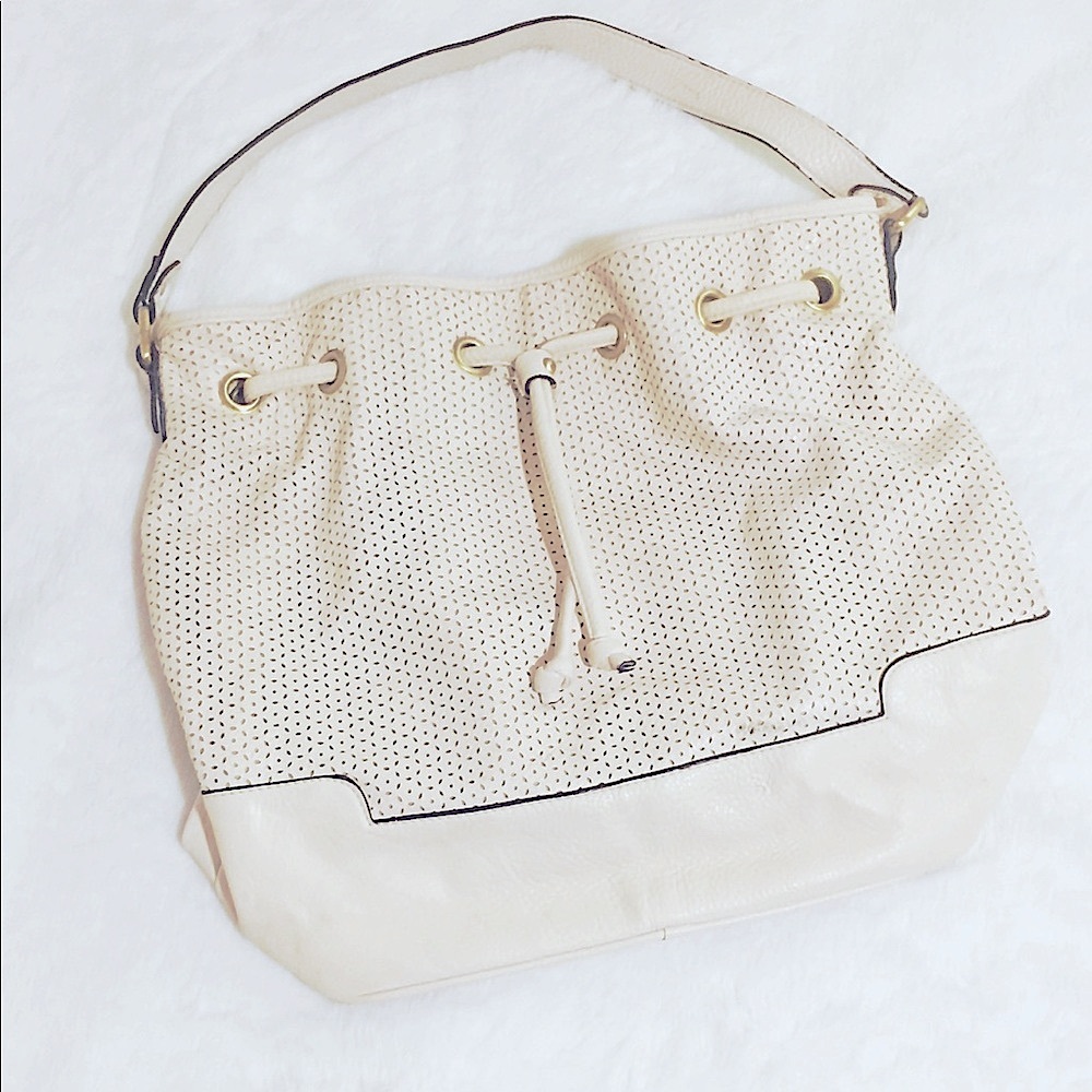 VTG: Ivory Drawstring Shoulder Purse w/Dainty Cutouts: DIY Repurposing Project